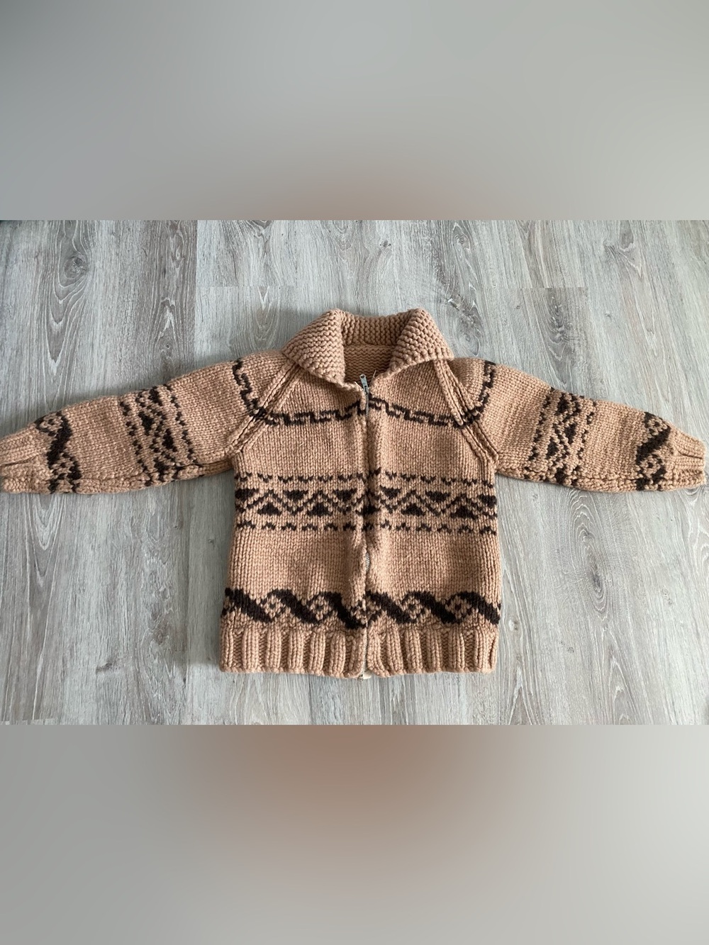 Handmade Chunky Wool Zip Cardigan Sweater in Tan and Dark Brown